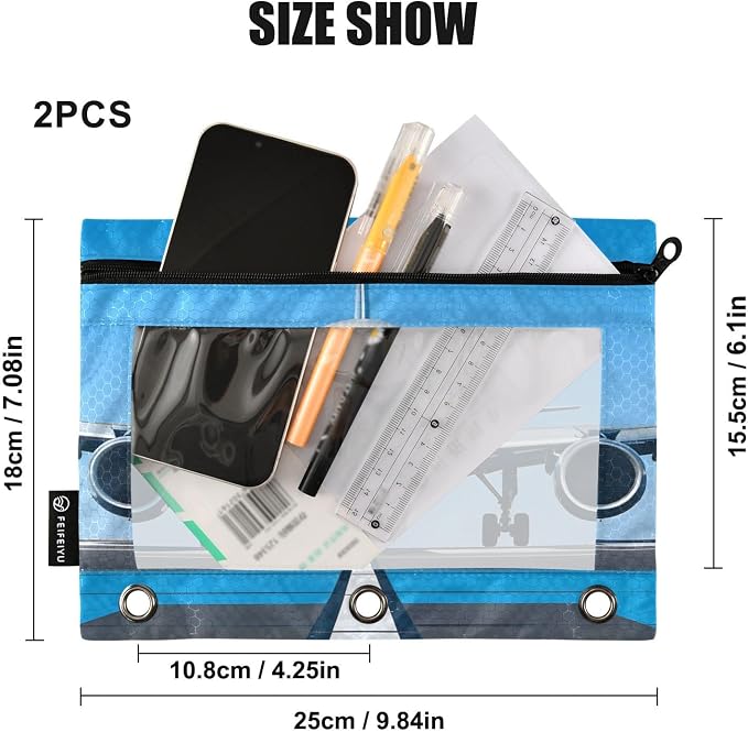 White Airplane Aircraft Pencil Pouch for 3 Ring Binder, 2 Pack Waterproof Pencil Bags Clear Window Pencil Case Zipper School Office Supplies