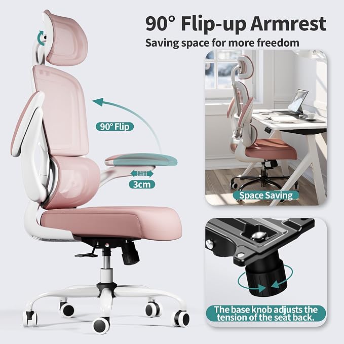TRALT Office Chair Ergonomic Desk Chair - Gaming Chair with Lumbar Support | 330 LBS Home Office Desk Chairs with Headrest, Reading Chair with Flip-up Armrests, Comfortable Computer Chairs (1, Pink)