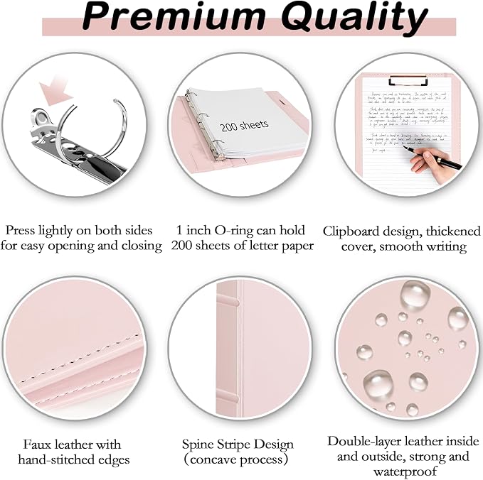 Hardcover 3 Ring 1 inch Leather Binder, Letter Size Binder Dividers with Tabs, PVC Zipper Pouch, Professional Organizer, Faux Rose Pink Leather