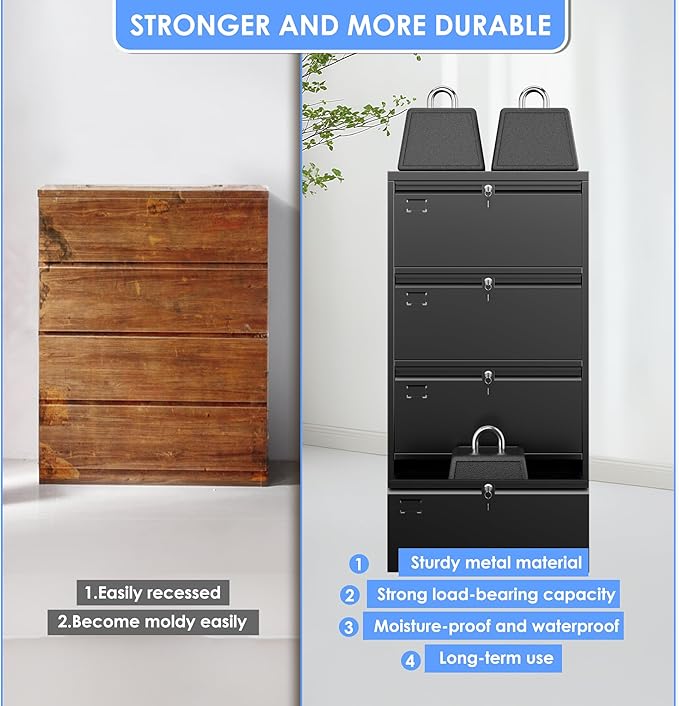 SUXXAN 4 Drawer File Cabinet, Lateral Filing Cabinet with 4 Locks for Home Office, Black File Cabinets with Business Card Holder for Letter/Legal/F4/A4 Hanging Files
