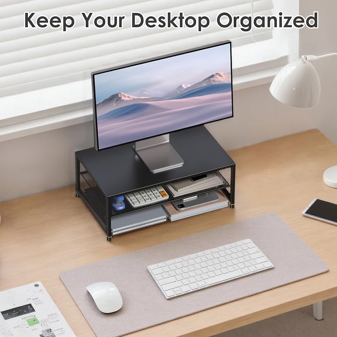 ECOLOVI 2-Tier Computer Monitor Stand Riser, Printer & Laptop Stand, Office Desk Accessories, Workspace Desk Organizer for Home Office Supplies, Black