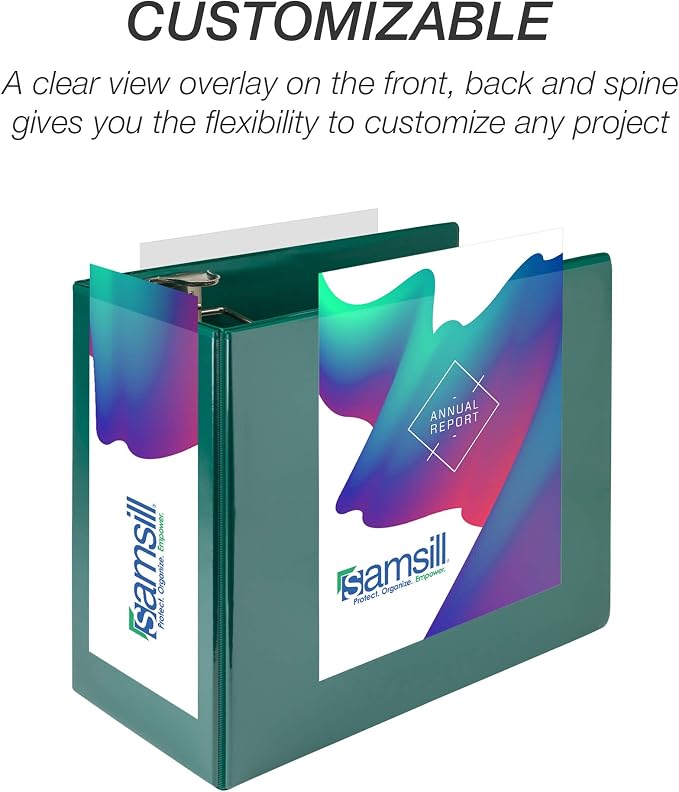Samsill Durable 6 inch 3 Ring Binder, Locking D Ring Binder, Customizable Clear View Cover, Green, 6-Pack, Holds 1225 Pages