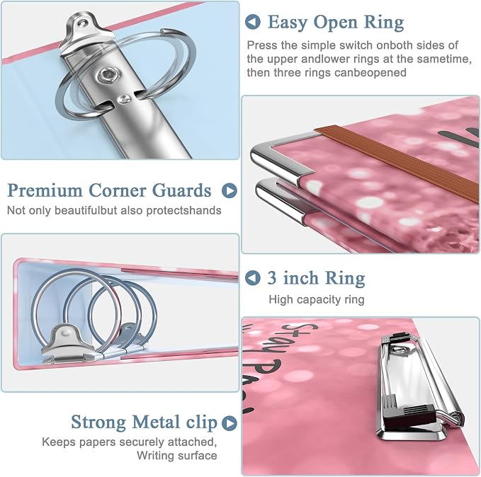 3 Ring Binder, 3 Inches Round Ring Binder with Clipboard, Dividers Tabs, PVC Zipper Bag Sleeves & to Do List Planners for Women, Men, School, Office Supplies, Work Hard