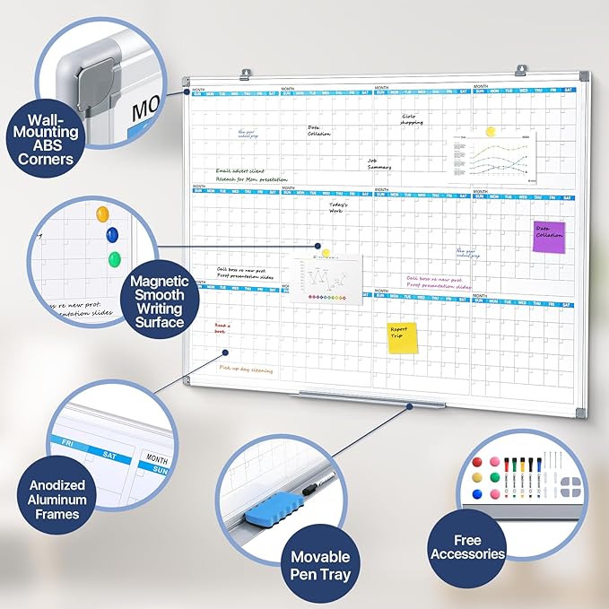 MAKELLO Large Magnetic Dry Erase Calendar Whiteboard Yearly 43" x 31" for Home, Bedroom, Office, Classroom, 12 Months