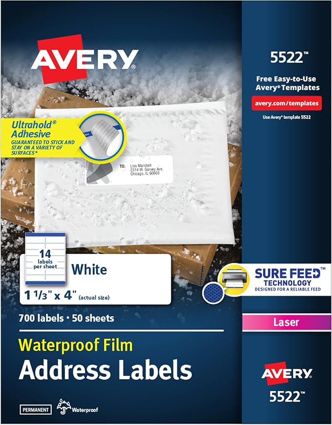 Avery Durable Waterproof Address Labels with Sure Feed Technology, 1-1/3" x 4", White, Laser Printer Compatible, 700 Blank Labels per Pack, Great for Mailing, Branding, and More (5-Pack of 5522)