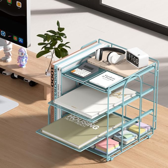 Teal Desk File Organizer and Accessories, 4-Tier Paper Organizer with Vertical File Holder, Office Desk Accessories & Workspace Organizers and Desktop Storage for Office Supplies (Sky Blue)