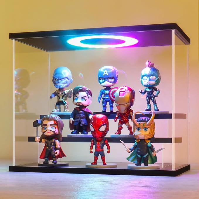 LANSCOERY Acrylic Display Case with RGBW Lights, 3 Tier Black | 11.8 x 6.3 x 9.4 in case displays small figures on desks or shelves with tiered rows and front access.