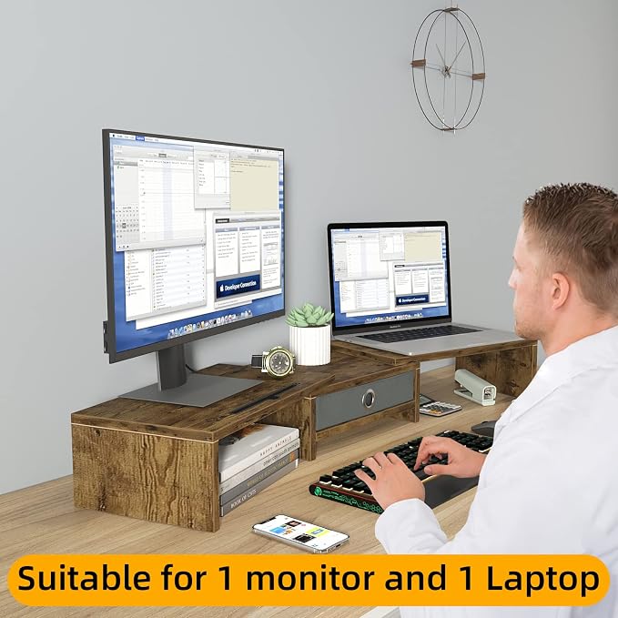 WESTREE Dual Monitor Stand Riser with Drawer, Monitor Stand Riser for 2 Monitors, Adjustable Length and Angle, 2 Solts for Phone & Tablet, Desktop Organizer Stand for Computer/Laptop/PC/Printer