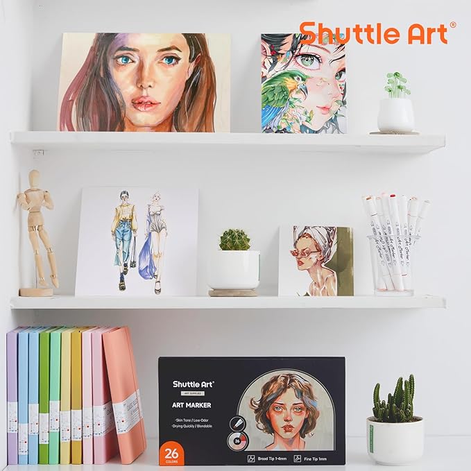 Shuttle Art 26 Colors Skin Tone&Hair Art Markers, Dual Tip Alcohol Based Flesh-Color Marker Pen Set Contains 1 Blender Perfect for Kids & Adults Portrait,Comic, Anime, Manga, Illustration