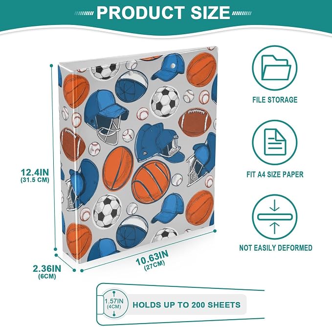 Cute Sport Boys Soccer Round Ring Binders 1.5 Inch 3 Ring Binder with Clipboard Holds 200 Sheets Office Home School