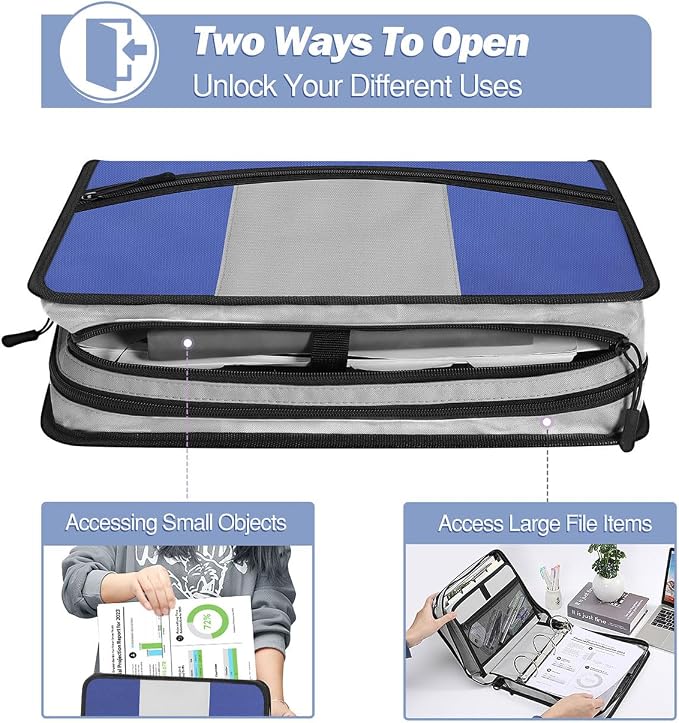 MoKo Zipper Binder with Strap, 3 Inch 3 O Ring, 600 Sheets, Blue & Gray | Water-repellent nylon with 2 folders, 2 mesh pockets and a outer pockets, reinforced handle and adjustable shoulder strap.