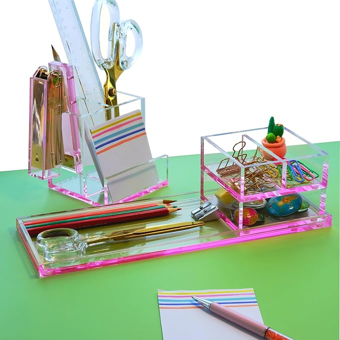 Acrylic Desk Organizer 4-Piece Desk Kit + Free Complimentary Acrylic Ruler, Desktop Organization for Office or Home，Rose Red