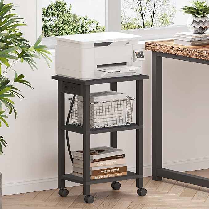 TUTOTAK Printer Stand, 3 Tier Rolling Printer Cart with Charging Station | Small Under Desk Printer Table with Wheels for Small Space, Office, Home, Black PS01BK001