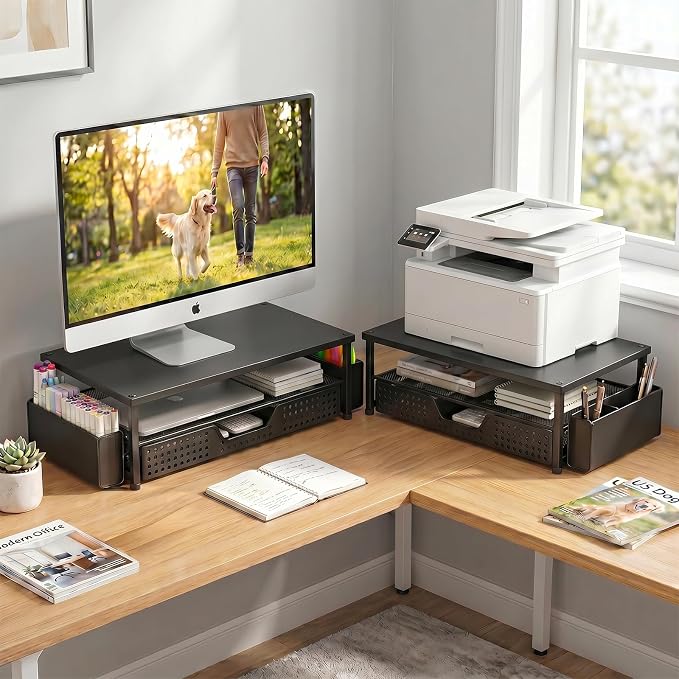 ECOLOVI Desk Organizer and Accessories, 2-Tier Computer Monitor Stand Rise with Storage Drawer & 2 Pen Holders, Laptop & Printer Stand for Desktop, Workspace Organizers for Office Supplies (Black Wood)