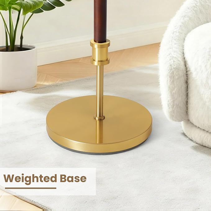 Modern Mid Century Wood Floor Lamp with Soft Linen Shade, 63” Tall Solid Wood & Brass Standing Lamp, Weighted Base, Warm Ambient Light for Living Room, Bedroom & Reading Corners (Solid Wood & Gold)