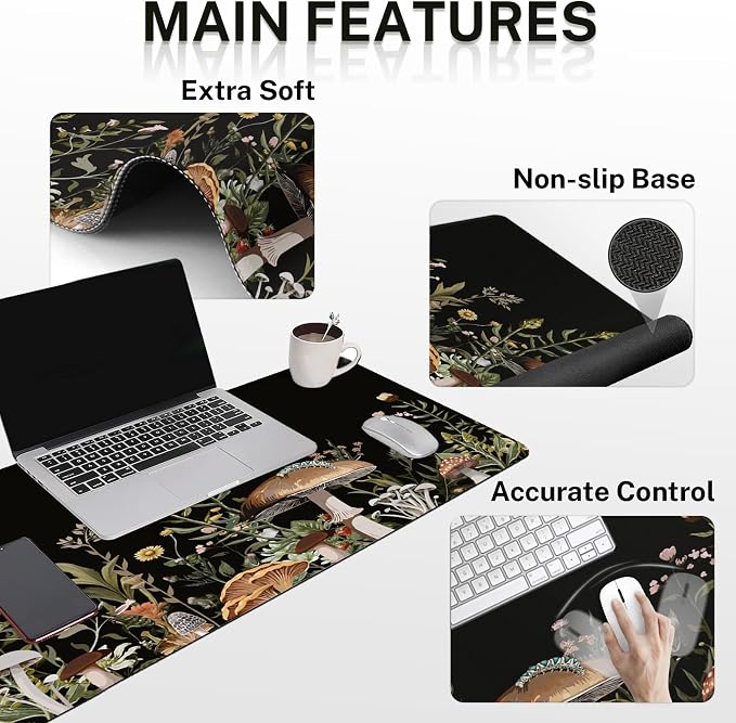 Keyboard Mouse Pad Set, 4 in 1 Desk Mat Set, Black Mushroom Flora | Large Mousepad+Keyboard Wrist Rest+Mouse Wrist Rest+Coaster Ergonomic Design for Home Office Computer