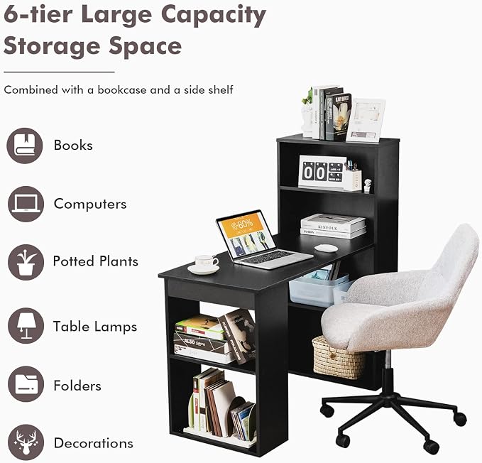 COSTWAY Computer Desk with Shelves, 48” Study Writing Desk with 6-Tier Storage Shelves, Reversible Study Workstation w/Wide Base for Home, Office & Dorm, Easy Assembly