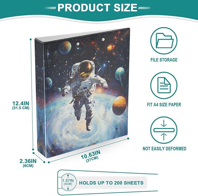 3 Ring Binder Astronaut Space Planet 1.5" Round Ring Binders View Binder with 200 Sheet for Kids School Supplies Women Men Office, 1 Pack