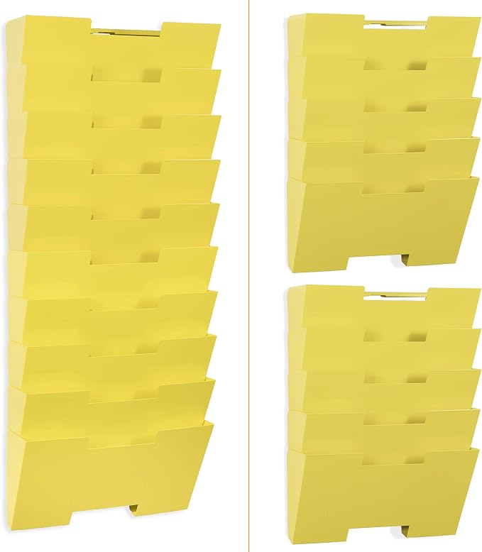 Wallniture Lisbon 10-Tier Metal Wall File Holder Organizer for Organization and Storage, Yellow Office Decor and Magazine Holder