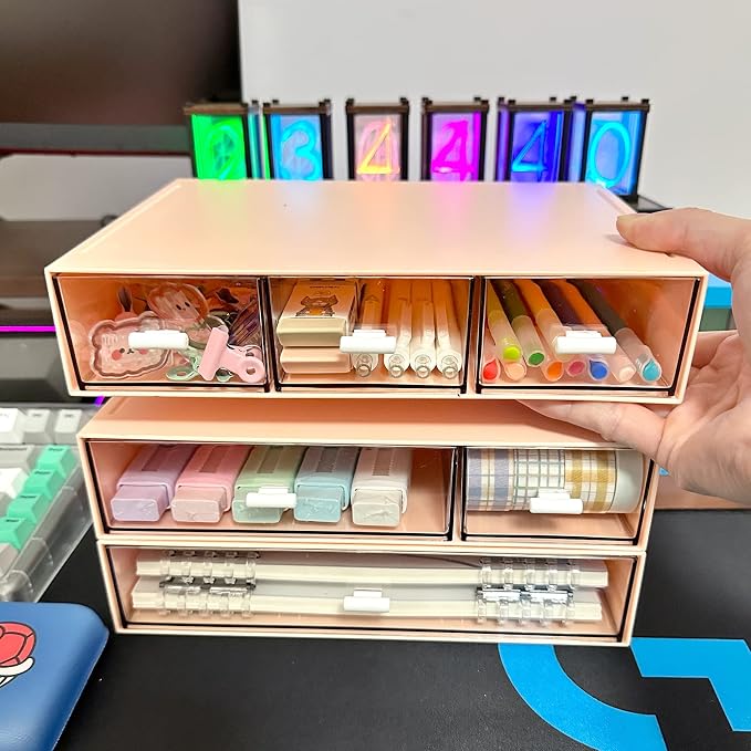 MILULUGO Desk Organizer with 6 Drawers, Makeup Organizer, Plastic Makeup Storage, Cosmetic Storage Organizer, Desk Storage Box, Bathroom Organization Boxes, Desktop Storage Box(Pink)