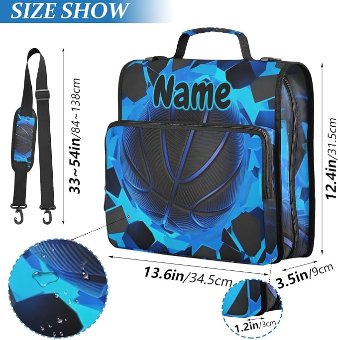 Custom Blue Basketball 3 Ring Binder Bag 1.5 inch Personalized Name Binder Organizer 500 Sheet Documents Storage for School Office