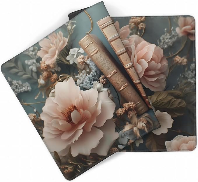 Floral Aesthetic Book Gaming Mouse Pad, Morandi Rococo Desk Mat with Anti-Slip Base & Stitched Edges, Office & Home Desk Decor for Women, 35.4" x 15.7" in Computer Desktop Mat