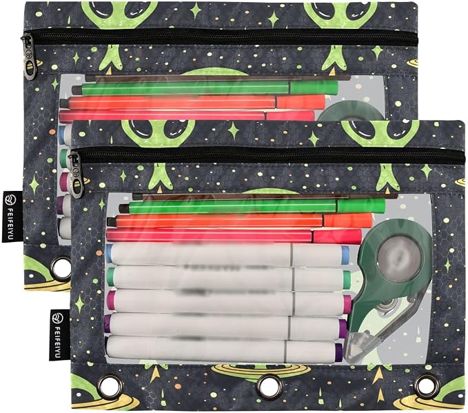 Green Aliens Space Pencil Pouch for 3 Ring Binder, 2 Pack Waterproof Pencil Bags Clear Window Pencil Case Zipper School Office Supplies