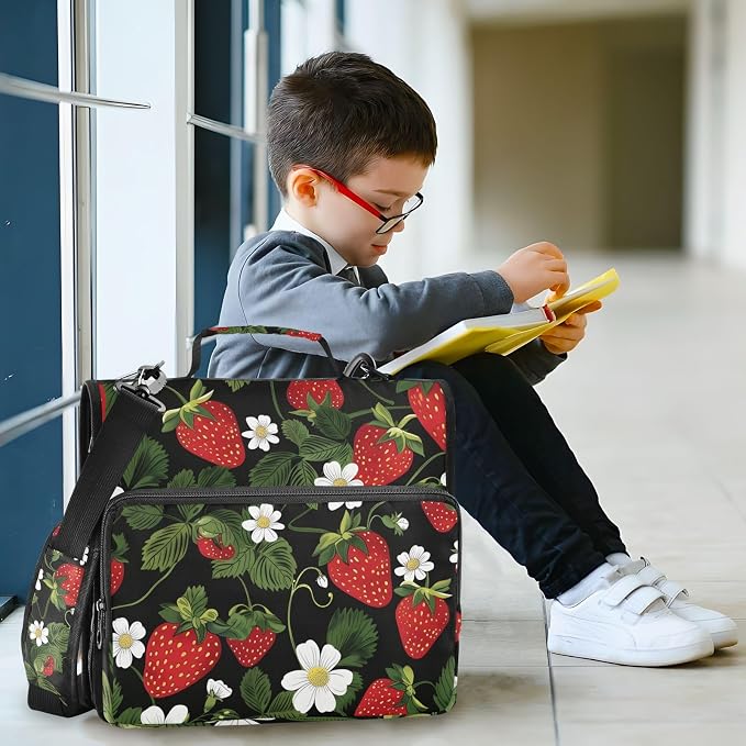 Strawberry Fruit Flower 3 Ring Zipper Binder Bag Binder Organizer with Handle Shoulder Strap for School Work Office Supplies