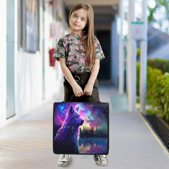 Stars Wolf Print Zipper Binder Bag 3 Ring with Shoulder Strap & Handle Multi Pocket Binder Organizer Bag Large Capacity for School Office Supplies