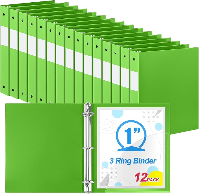 Henoyso 12 Pack 1 Inch 3 Ring Plastic Binders, Bulk Flexible PP Binders for Classroom & School Supplies, Letter Size 8.5 x 11, Holds 240 Sheets with Interior Pocket (Tender Green)