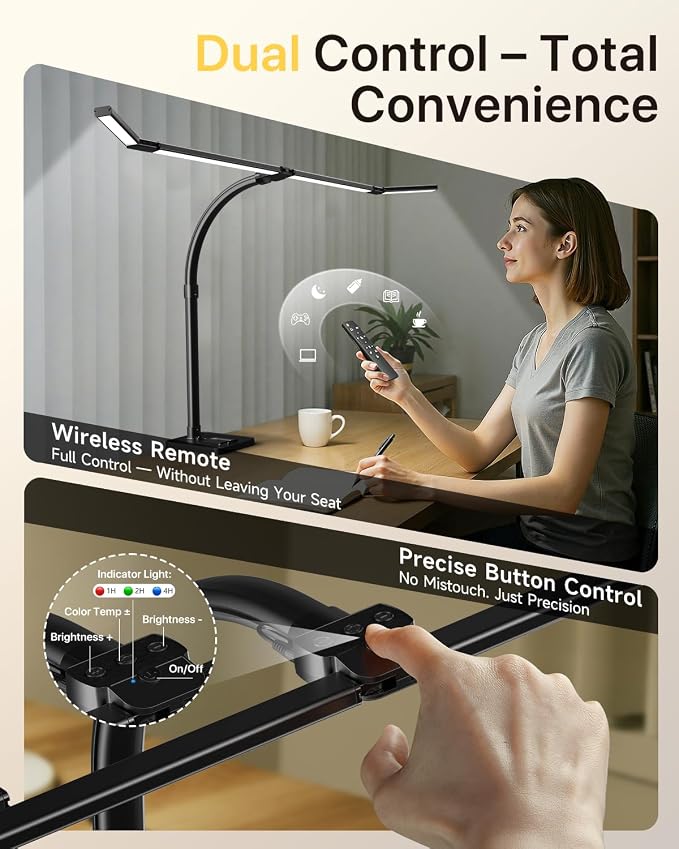 ONEMIX LED Desk Lamp with Base, 42-Inch 4-Panel Light for Dual Monitors | 1800 Lumens, 4 Adjustable Panels, 5 Color Temps, 5 Brightness Levels, Remote, Timer, Flicker-Free for Home Office
