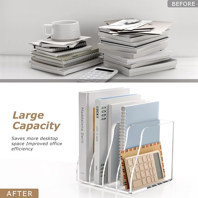SANRUI Acrylic Magazine File Holder Desk Organizer, Clear 4 Compartments | Workspace Document Sorter, Vertical Folder Rack Binder for Office Home Classroom Tablet, Books & Accessories Storage