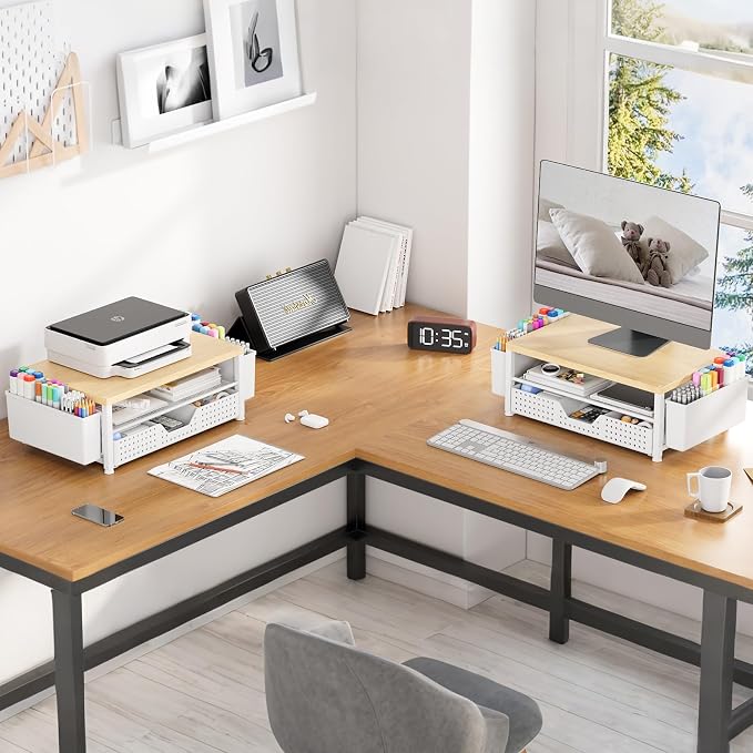 Wood Metal Monitor Stand Riser, Laptop Stand for Desk, Office Desk Organizer and Accessories, Computer Desktop Shelf with Drawer and Pen Holder, Printer Stand for Home, Office, Dorm (Natural Wood)