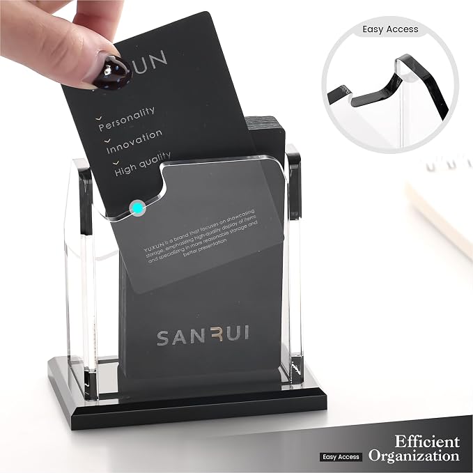 YUXUN Business Card Holder for Desk Vertical 1 Tier 1 Slot ,Black Acrylic Business Card Display Stand for Men & Women,Desktop Business Card Organizer for Office Home Exhibition, 50-60 Card Capacity