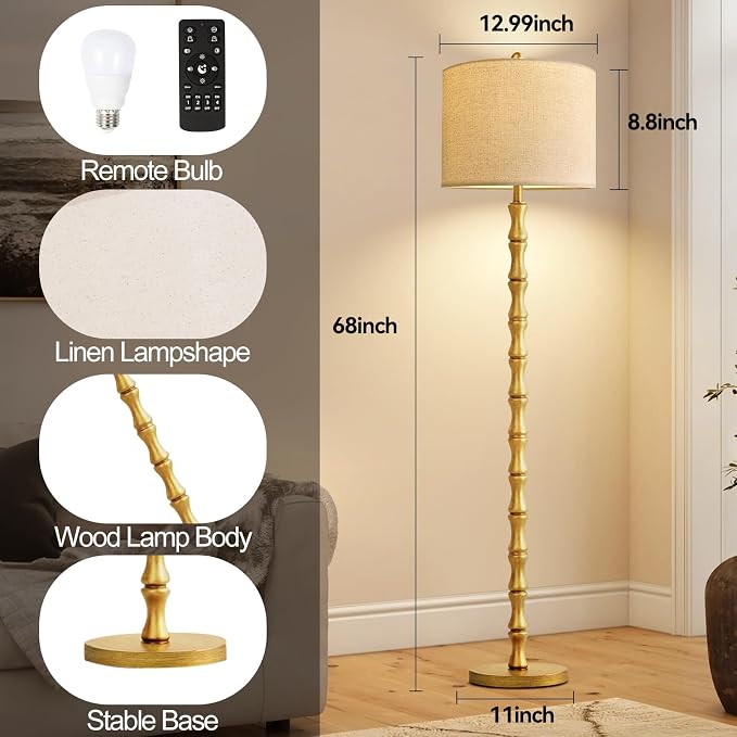 Wood Floor Lamps for Living Room Rustic Floor Lamp with Remote Control & 3 Color Temperature,Dimmable Floor Lamp Gold Mid Century Modern Standing Lamp Tall Farmhouse Floor Lamp For Bedroom Corner