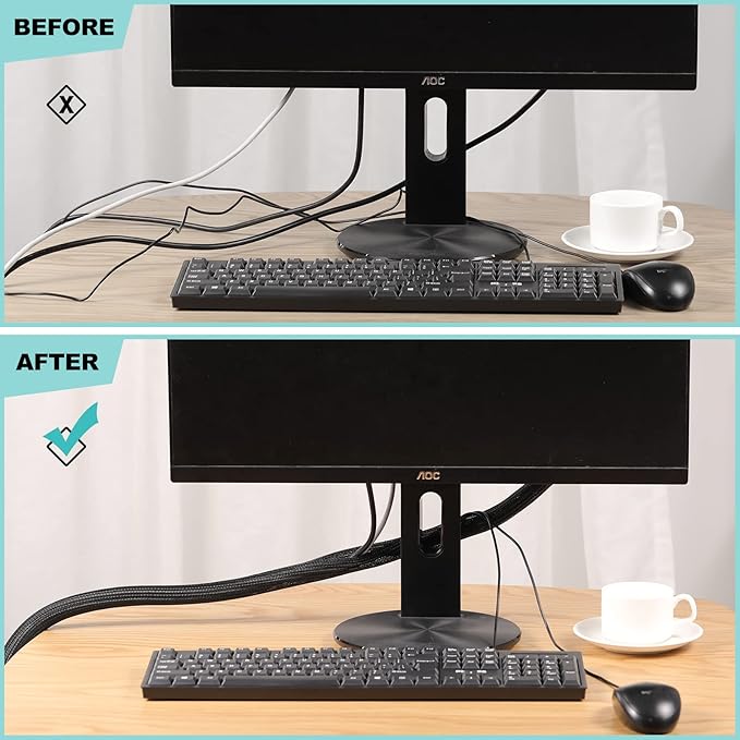 AGPTEK Cable Sleeve Cover, 6.6ft - 1.2 inch Desk Cord Organizer Cable Hider, Home Office Wire Management Computer TV Wire Loom Tubing, Pet Proof Cord Protector, from Cat Dog Chewing, Black