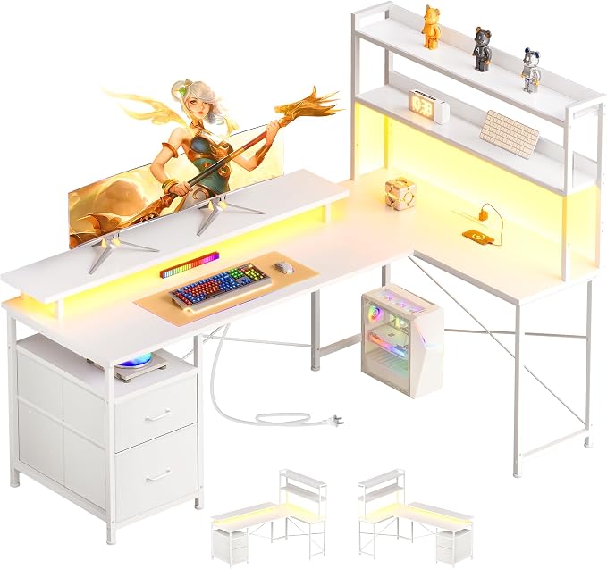 L Shaped Gaming Desk, Reversible with LED Lights, Shelves, White | Reversible, LED lights, Charging, Monitor stand