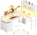 L Shaped Gaming Desk, Reversible with LED Lights, Shelves, White | Reversible, LED lights, Charging, Monitor stand