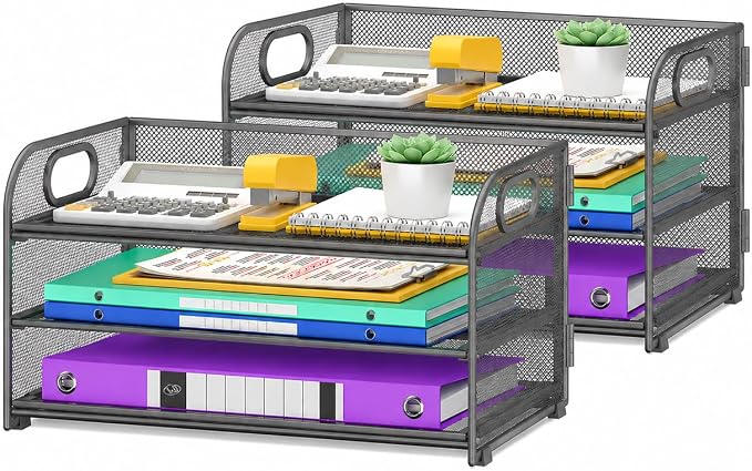 Cawukege 2 Pack 3 Tier Paper Organizer with Handle, Metal Desk Organizer Mesh Paper Letter Tray Desktop File Folder Document Sorter for Classroom, School, Office Accessories Storage (2, Grey)