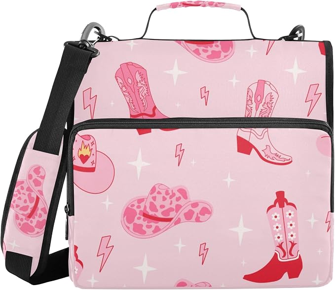 Fisyme Pinks Western Cowgirl Boots Zipper Binder 3 Ring with Zipper and Shoulder Strap Large Capacity Multi-Pocket Zipper Binder Organizer