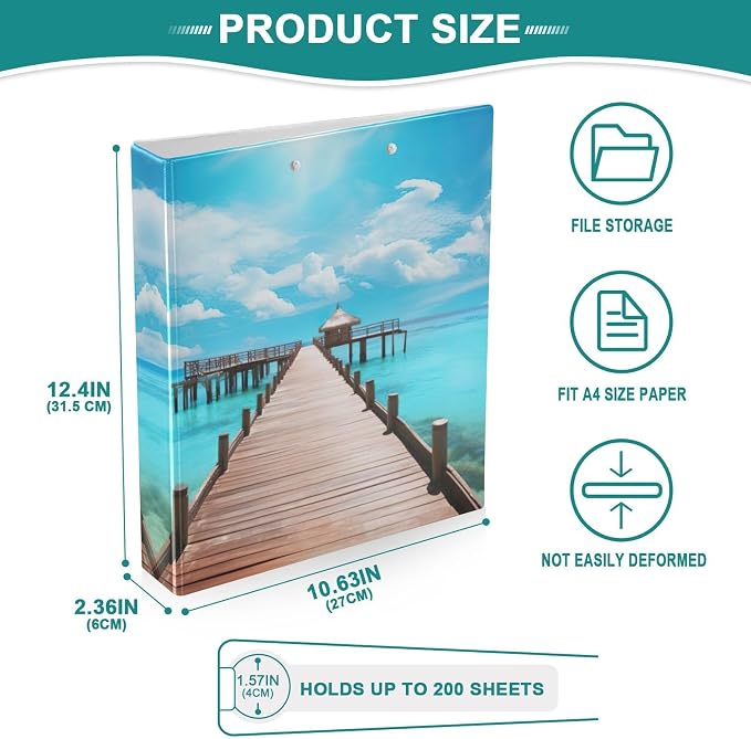 SPRIPORT Pier Over Ocean Sea 1.5 Inch 3 Ring Binder Holds 200 Sheets for Office Supplies Durable PVC Round Ring Binder with Interior Clear Pockets Clipboard Binder for Home Work Woman Man