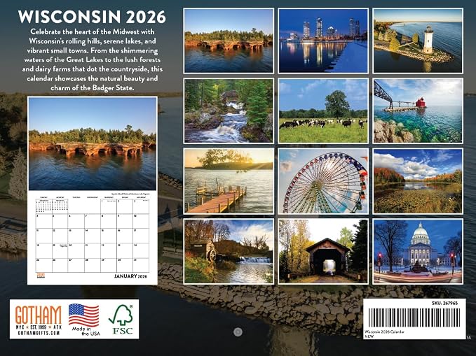 Wisconsin Calendar 2026 Wall 12 Month Monthly WI Scenic Souvenirs Wisconsinite Themed Gifts | American Made In The USA