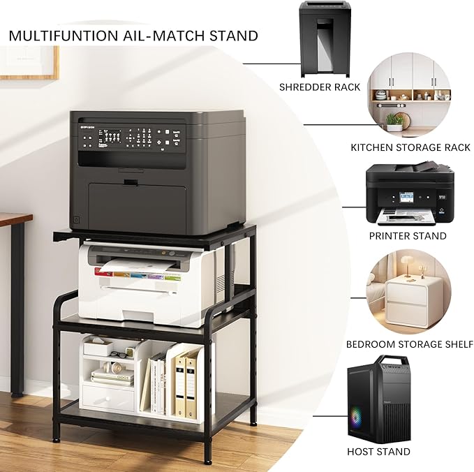 Arbuxzuy Large Printer Stand with Storage Shelf, 23.6" W x 18.9" D Printer Cart with Wheels, 3 Tier Mobile Printer Table for Home Office,Stands for Heat Press Scanner Fax (Black)
