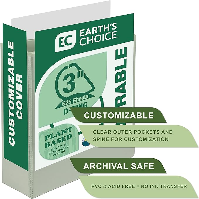 Samsill Plant-Based 3 Inch Durable D-Ring, View Binder, Eco-Friendly, USDA Certified Biobased, 2 Count,Pack of 1, Sage Green