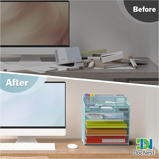 Docnest 5 Tier Mesh Desk Organizer with Letter Tray & Paper Sorter, Blue | Features 3 built-in pen holders & 5 adjustable compartments on top. Includes 4 non-slip rubber feet for desk protection