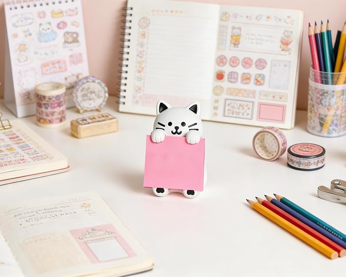 Cat Pop-Up Sticky Note Dispenser for 3 x 3 in Notes, Black & White | Includes 100 sheets, handmade resin desk decor for office, home or classroom; gift for teachers, coworkers and cat lovers