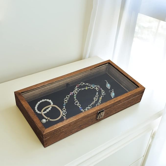 MOOCA Wood Jewelry Display Case with Tempered Glass Top, Velvet Pad | Wood display case with a glass top and removable black velvet pad accommodates taller jewelry and collectibles.