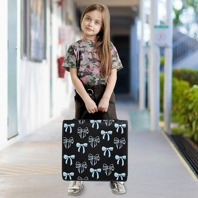Bow Knot Blue Black Zipper Binder with Shoulder Strap Bag 3 Ring Binder Organizer Large Capacity Multiple Compartments for School Office