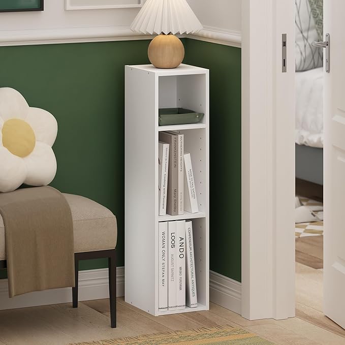 Furinno Fulda Book Shelf, 3-Tier Narrow Bookshelf, Bookcase with 8-in Width Storage Shelf, 9.3 x 7.9 x 31.5, for Living Room, Bedroom, Home Office, White