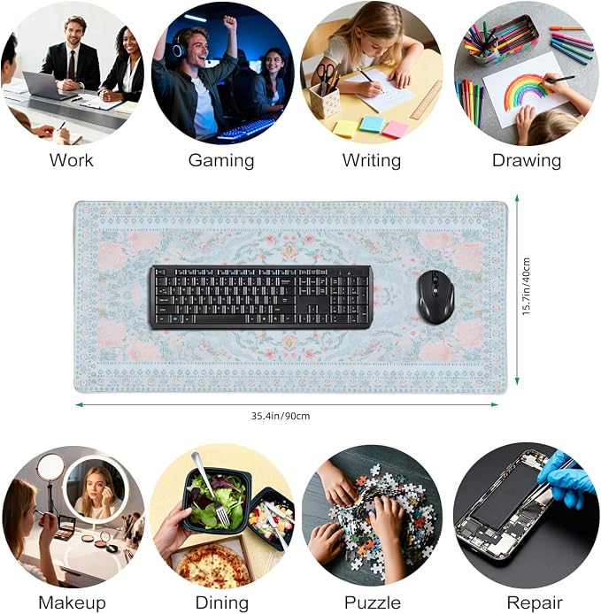 Giant Floral Desk Pad, Blue XXL Long Mouse Mat with Anti-Slip & Stitched Edge, Cute Office Decor for Women, Home Computer Workstation